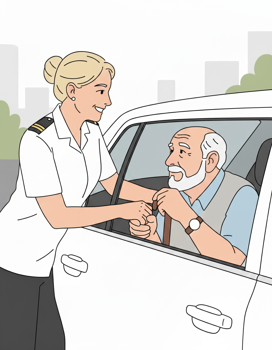 Professional transport driver helping elderly passenger